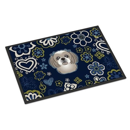 Carolines Treasures Carolines Treasures BB5101JMAT 24 x 36 in. Blue Flowers Gray & Silver Shih Tzu Indoor or Outdoor Mat BB5101JMAT